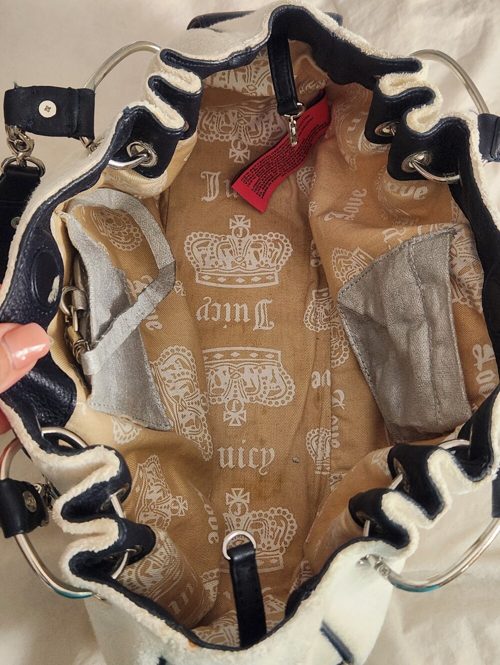 Juicy Couture Terry Cloth Bag With Leather Handles White Navy No Bag Charm - Picture 12 of 16